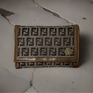 RARE Vintage Fendi Zucchino Bifold Tan Brown Canvas Leather Wallet Card Coin